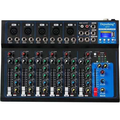 HT7 Bluetooth Portable Audio Mixer w/USB DJ Sound Mixing Console MP3 Jack 48V Power for Computer Recording, 7-Channel Bands Mixing Boards For Studio Recording