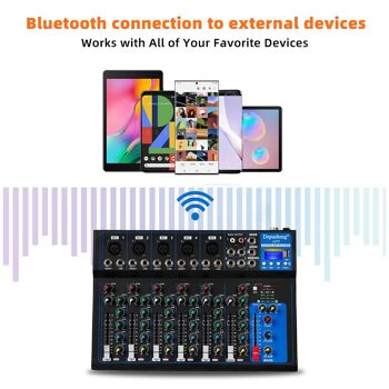 Mélangeur audio portable Bluetooth HT7 avec console de mixage sonore DJ USB Prise MP3 Alimentation 48 V pour l'enregistrement sur ordinateur, cartes de mixage de bandes à 7 canaux pour l'enregistrement en studio 4