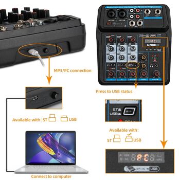 Mélangeur audio U4 Interface audio USB 4 canaux Mélangeur audio, interface de contrôleur de son DJ avec USB, carte son pour enregistrement sur PC, interface audio USB, mélangeur audio avec micro dynamique, pour diffusion en direct 10