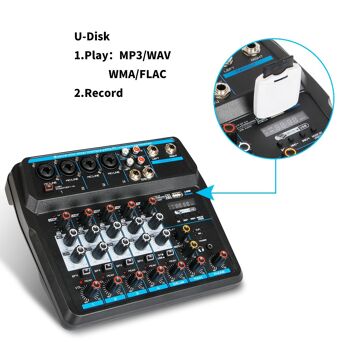 Mélangeur audio U6 Interface de contrôleur de son DJ 6 canaux avec USB, carte son pour enregistrement sur PC, interface audio USB, mélangeur audio, égaliseur 2 bandes, avec micro dynamique + casque stéréo, pour diffusion en direct 4