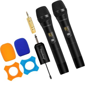 DEUX MICROPHONES Système de microphone sans fil W2 UHF Microphone à main dynamique, utilisé pour le karaoké et les réunions de famille via des mélangeurs, des systèmes de sonorisation 7