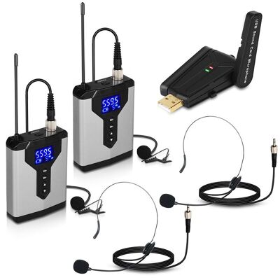 TWO Wireless-System mit zwei Headset-Mikrofonen/Lavalier-Ansteckmikrofonen und Taschensendern und einem Mini-Empfänger mit 1/4-Zoll-Ausgang für Schule/Auftritt/Webcast