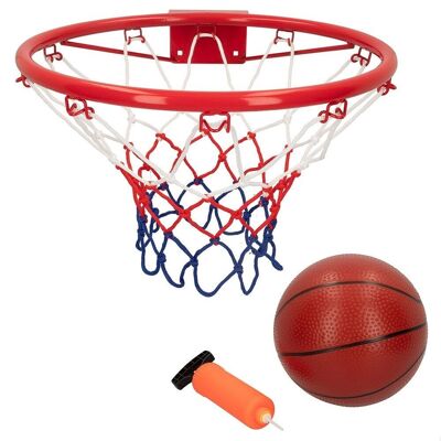 Canasta baloncesto, balón e hinchador