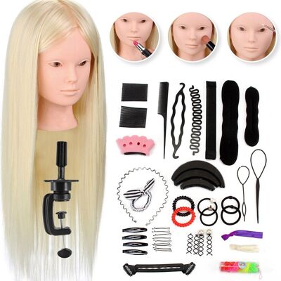 Tête d'entraînement coiffeur poupée blonde 80% vrais cheveux - brushing, coiffage et bouclage avec fer à coiffer et à friser possible