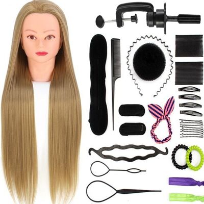 Dark Blonde Practice Head with Tripod & Accessories - Suitable for styling, cutting and braiding