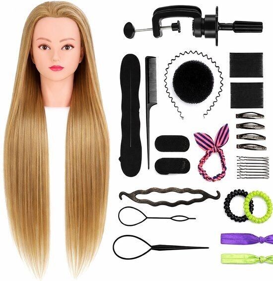 Übungskopf in Dunkelblond mit Stativ und Zubehör – geeignet zum Stylen, Schneiden und Flechten