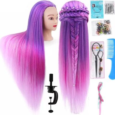 Purple Practice Head Hairdressing Head with Tripod and Accessories - Suitable for styling, cutting and braiding
