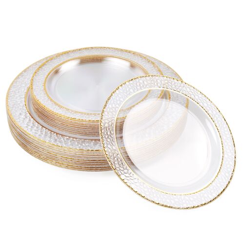40 Premium Clear Plastic Plates with Hammered Gold Rim (2 Sizes: 20 x 26cm, 20 x 19cm)