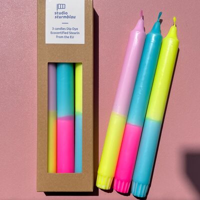 3 large stick candles Dip Dye Stearin "Neon Mixture" in packaging