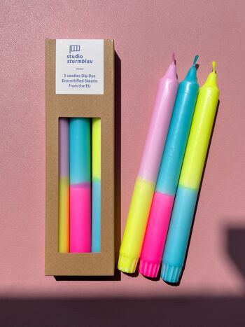3 grandes bougies en bâton Dip Dye Stearin "Neon Mixture" dans un emballage 1