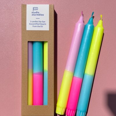 3 large stick candles Dip Dye Stearin "Neon Mixture" in packaging