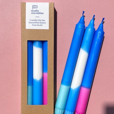 3 grandes bougies en bâton Dip Dye Stearin "Blue Mixture" dans un emballage