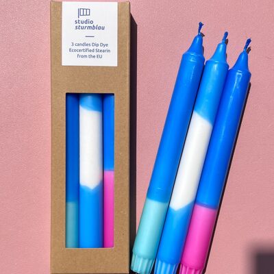 3 grandes bougies en bâton Dip Dye Stearin "Blue Mixture" dans un emballage