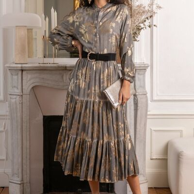 Loose cut long dress with gathers, printed with gilding effect