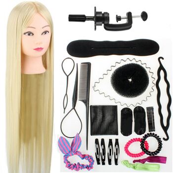 Tête de coiffure Blonde Practice Head avec trépied et accessoires - Convient pour le coiffage, la coupe et le tressage 1