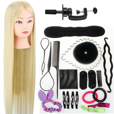 Testa da parrucchiere per capelli biondi con treppiede e accessori - Adatta per acconciare, tagliare e intrecciare