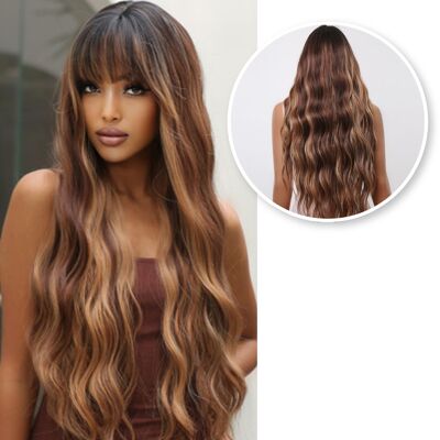 Brown Wig with Bangs and Highlights - Wigs Women's Long Hair - 70 cm