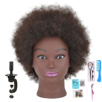 Cabeza de práctica - Cabeza de peluquero - Afro - Maniquí de peluquero - Cabello 100% real - Cabello encrespado - Con trípode y accesorios - 15 cm