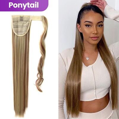 Wrap Around Ponytail Haar Extensions Paardenstaart Extension - Blond met Highlights Steil - 65 cm