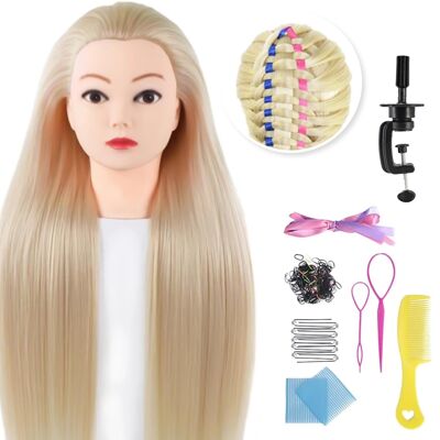 Tête de coiffure Blonde Practice Head avec trépied et accessoires - Convient pour le coiffage, la coupe et le tressage