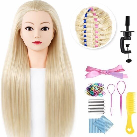 Blonder Übungskopf für Friseure mit Stativ und Zubehör – geeignet zum Stylen, Schneiden und Flechten