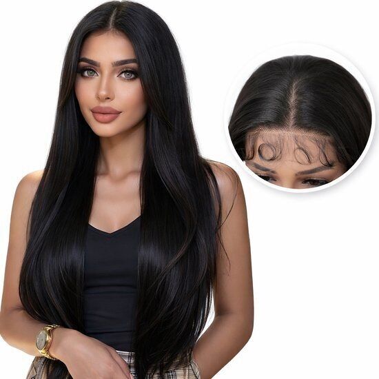 Luxuriöse schwarze Perücke mit Frontspitze – glatt – 60–65 cm