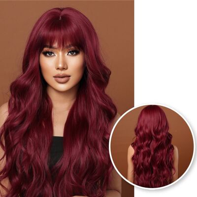 Perruque Rouge - Perruques Femme Cheveux Longs - avec Frange - Rouge Foncé 70 cm