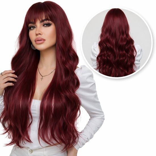 Rote Perücke – Damenperücke für langes Haar – mit Pony – Dunkelrot, 70 cm