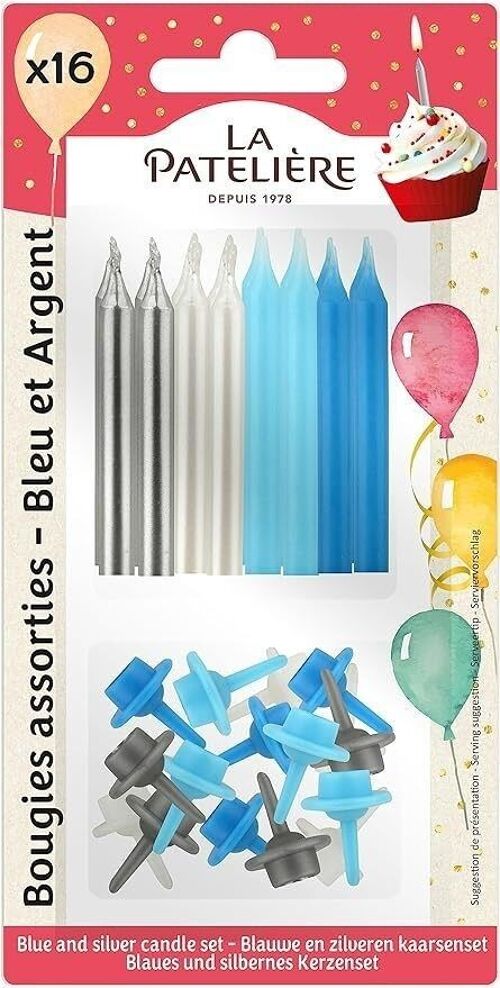 Bougies assorties - bleu et argent x16