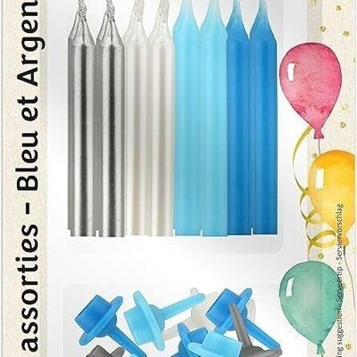 Assorted candles - blue and silver x16