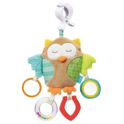 Activity owl with clamp – motor skills toy for hanging with exciting pendants to grasp and make sounds