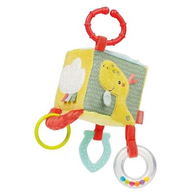 Cubo de actividades Happy Dino: juguete de motricidad con elementos de agarre y funciones de juego para colgar