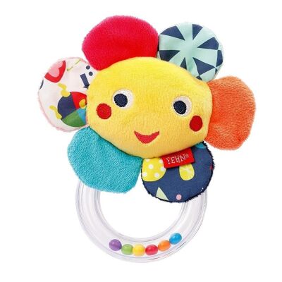 Rattle ring flower – grasping toy with fabric animal & colorful pearl ring