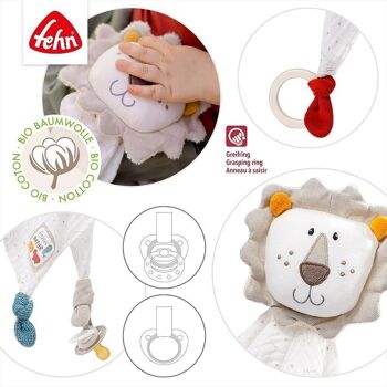 Doudou lion fehnNATUR – en coton biologique issu de l'agriculture biologique avec anneau en bois et attache-tétine 4