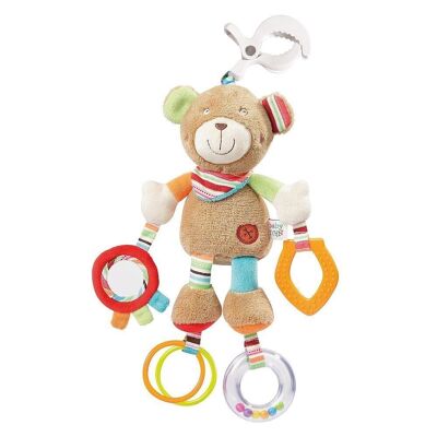 Activity teddy with clamp – motor skills toy for hanging with exciting pendants to grasp and make sounds