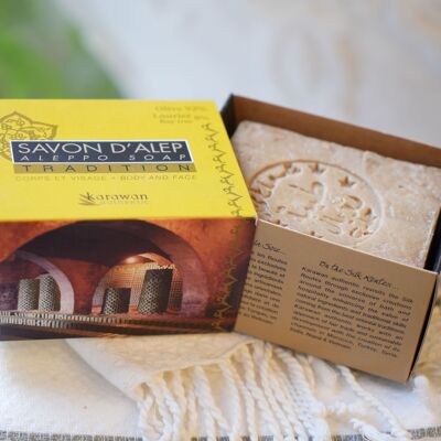 SAPONE TRADIZIONALE DI ALEPPO - OLIO DI OLIVA 92% E ALLORO 8% - IN SCATOLA - 200g - VENDUTO A 6
