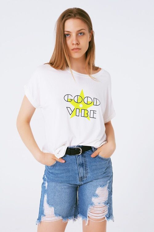 Boat neckline Relaxed fit T-shirt fluor good vibe logo