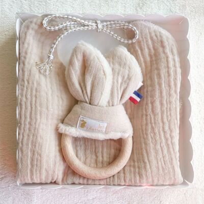 Cassetta nascita bavaglino nascita + anello dentizione orecchio coniglio Montessori - Giocattolo in legno - Latte