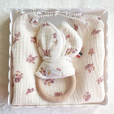 Birth box birth bib + Montessori rabbit ear teething ring - Wooden toy - Rosa