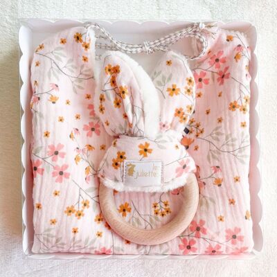 Cassetta nascita bavaglino nascita + anello dentizione orecchio coniglio Montessori - Giocattolo in legno - Flora rosa