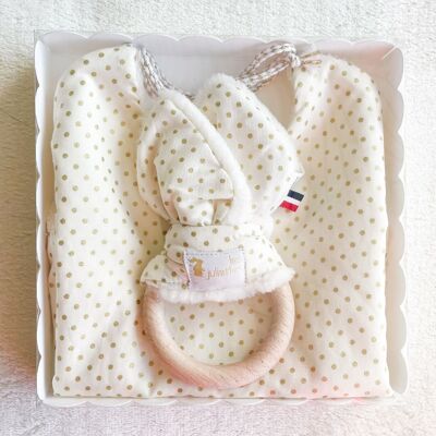 Cassetta nascita bavaglino nascita + anello dentizione orecchio coniglio Montessori - Giocattolo in legno - Pois dorati
