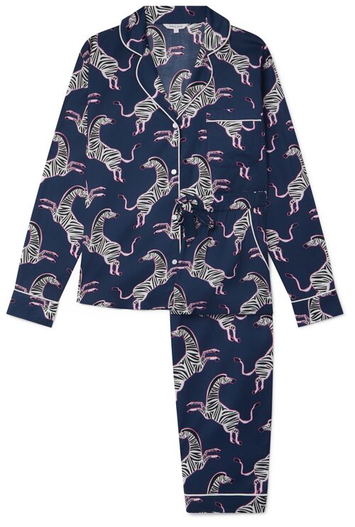 Women's Organic Cotton Pyjama Trouser Set - Pink Zebra on Navy