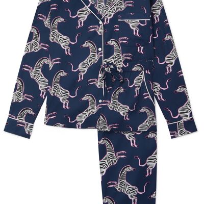 Conjunto de pantalón de pijama de algodón orgánico para mujer - Cebra rosa sobre azul marino