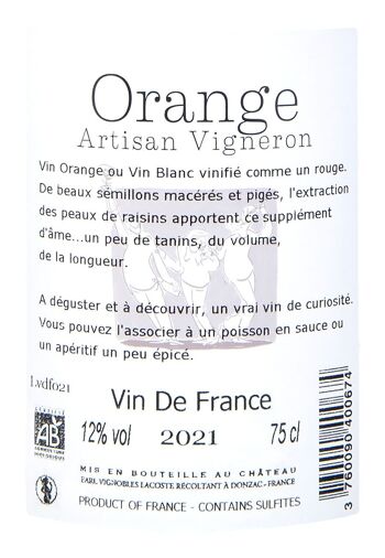 Vin Orange Bio 2022 Sémillon Sauvignon Gris "Orange" avec Cire 2