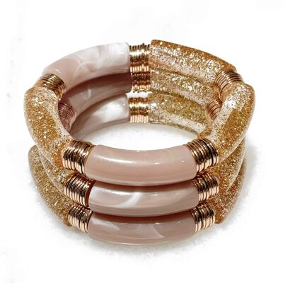 Trendiges elastisches Armband mit Acrylröhren und flachen Perlen aus Messing, vergoldet mit feinem 14 Karat Gold