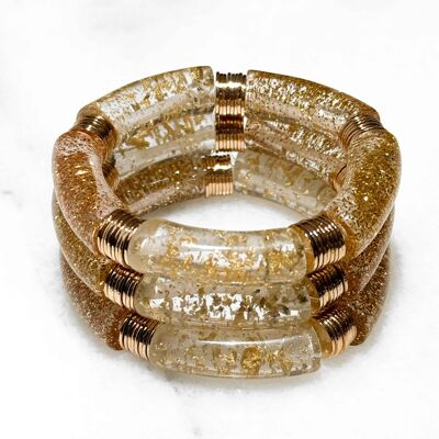 Braccialetto elastico alla moda con tubi in acrilico e perline piatte in ottone dorato con oro fino 14K