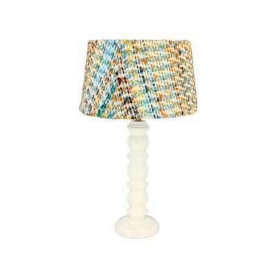TABLE LAMP IN WHITE GLOSSY WOOD WITH MULTICOLOR TWEED LAMPSHADE HT 51CM ROMY