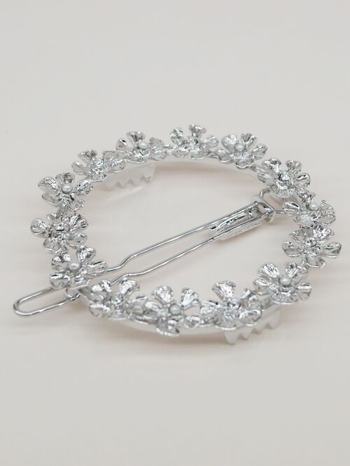 Barrette ronde fleurs - Olivia argentée (5 cm)