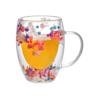 Cup with Pink Blue White Purple Petals and Double Wall Handle