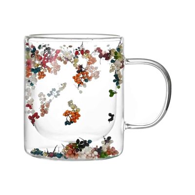 Cylindrical Mug with White Red Green Dried Flowers and Handle 300ml Double Wall